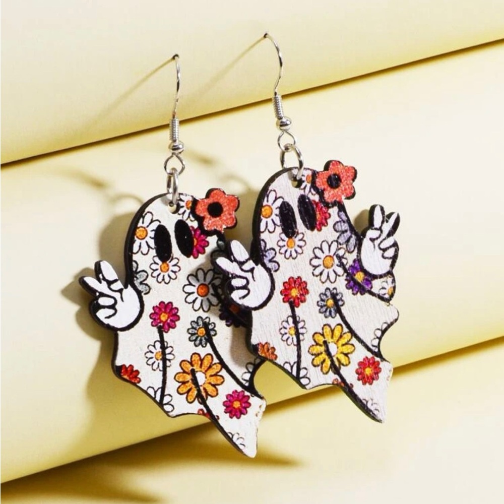 Wooden Floral Ghost Drop Earrings